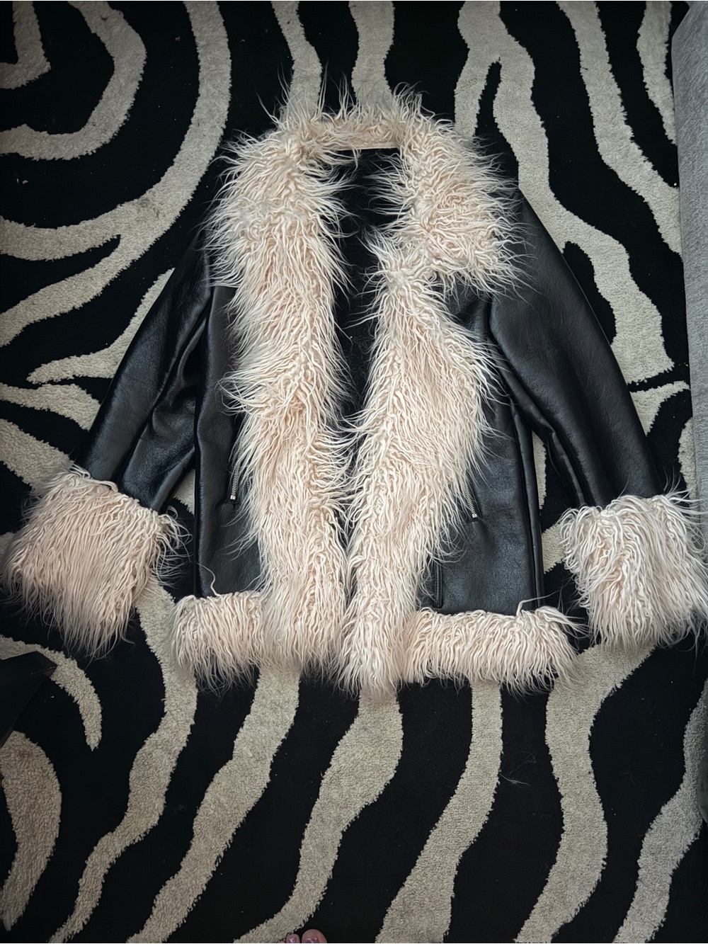 Penny Lane Leather Black Coat with light pink Faux Fur Trim